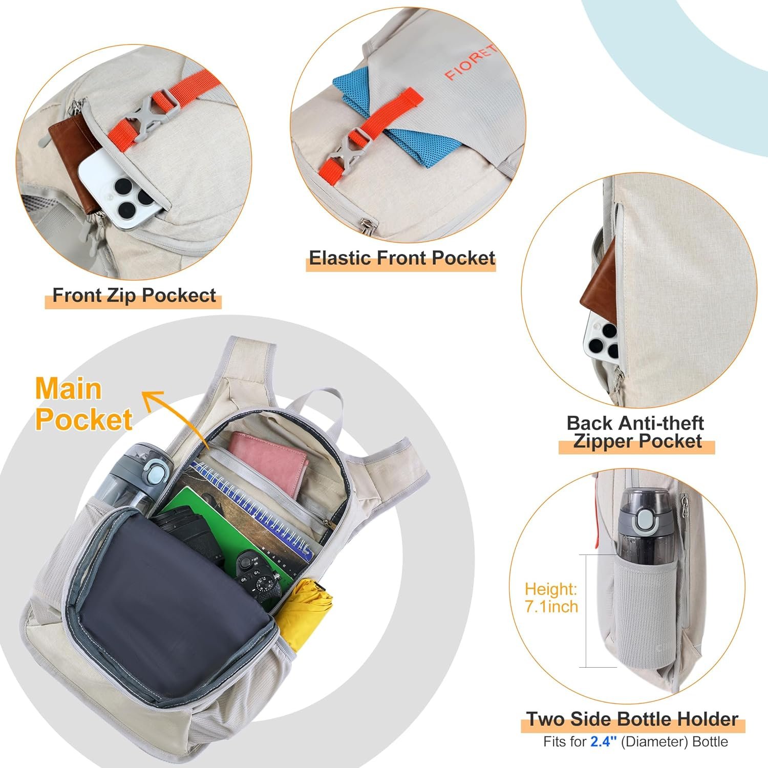 FIORETTO 15L Hiking Backpack for Women Men Mini Packable Backpack Lightweight Small Daypack for Camping Travel Outdoor, Beige - Image 4