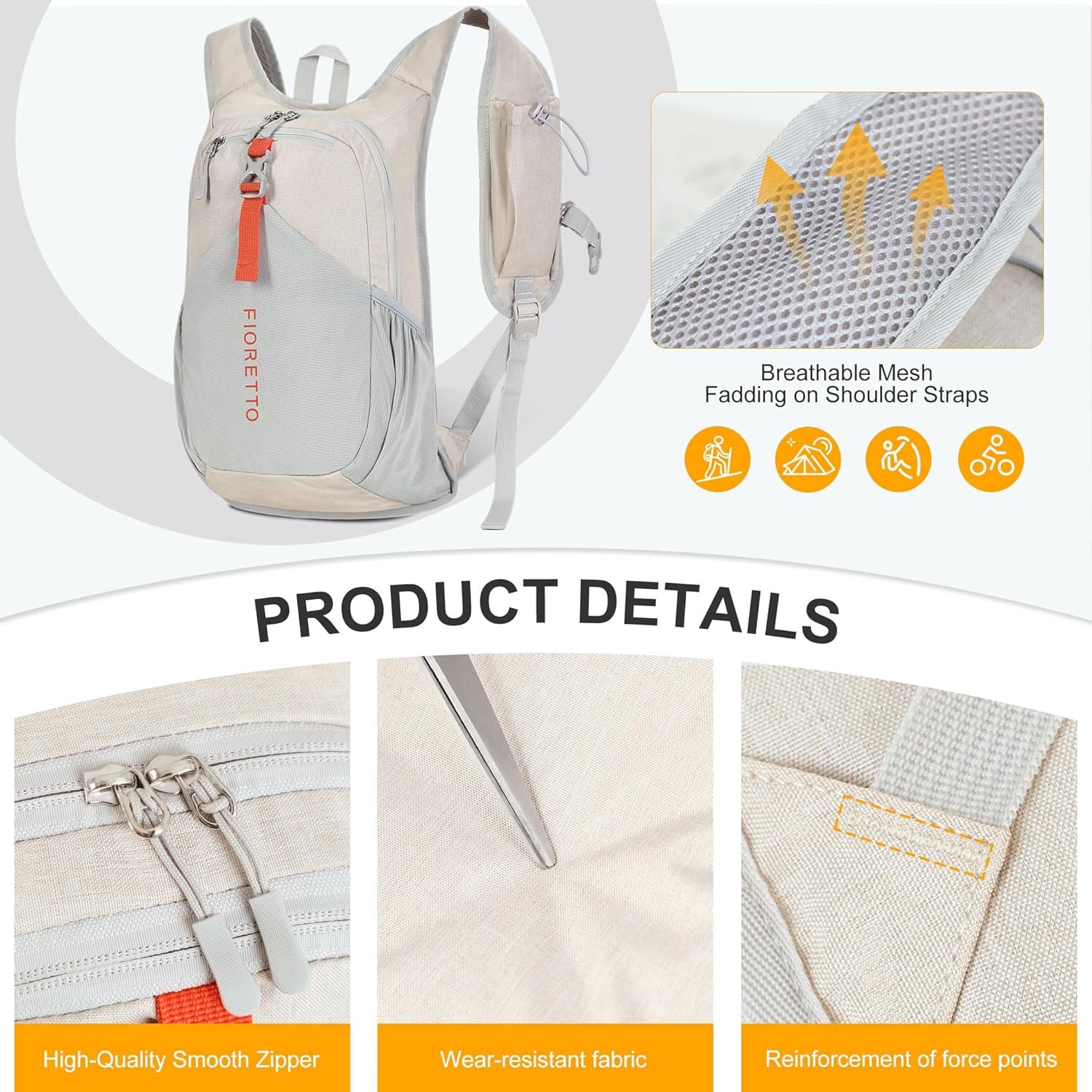 FIORETTO 15L Hiking Backpack for Women Men Mini Packable Backpack Lightweight Small Daypack for Camping Travel Outdoor, Beige - Image 6