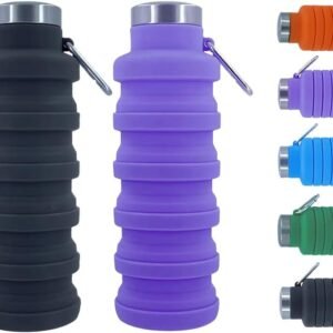 Collapsible Water Bottles,2 pack BPA Free Travel Silicone Water Bottle with Carabiner,17oz Reusable Foldable Lightweight Portable Sports Water Bottle for Travel Gym Camping Hiking