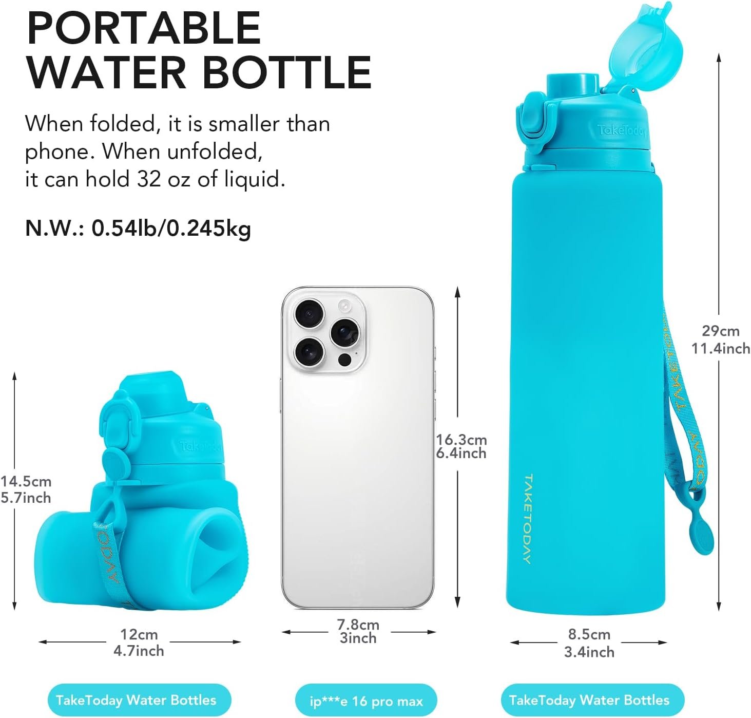 TakeToday Collapsible Water Bottles 32oz, Foldable Travel Water Bottle, BPA Free, Silicone Water Bottle Leakproof for Hiking, International Travel, Outdoors - Image 3
