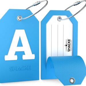 Shacke Initial Luggage Tag with Full Privacy Cover and Stainless Steel Loop – Aqua Teal (Letter A)