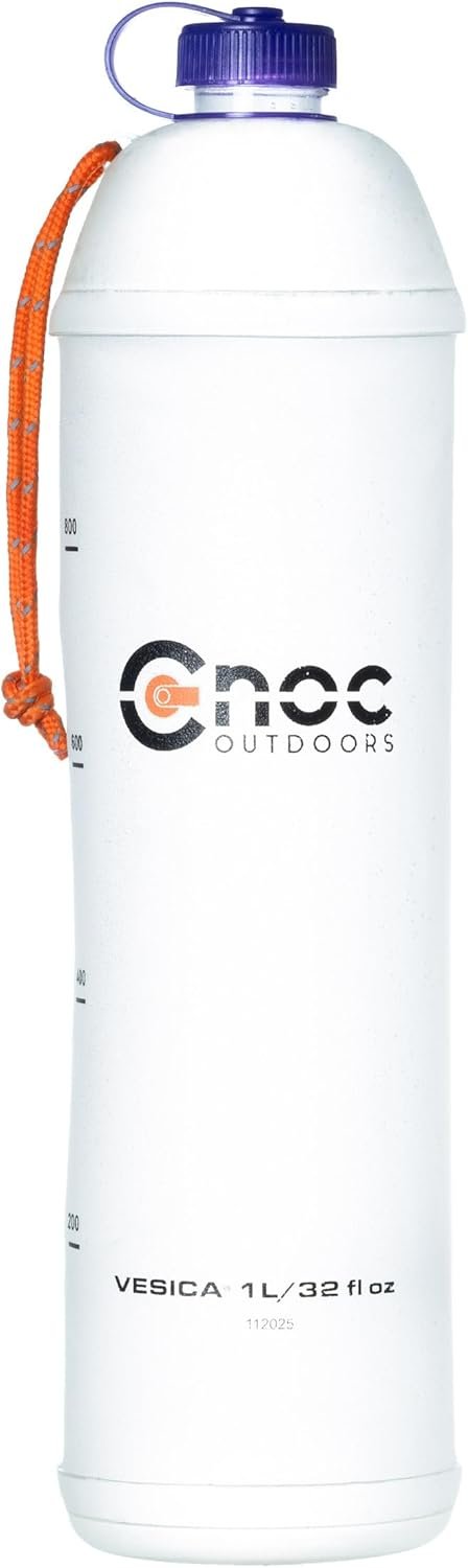 Cnoc Outdoors Vesica Collapsible Water Bottle 1 Liter Purple, 28mm Thread Compatible with Popular Filters, Packs Down Small when Empty, Perfect for Travel and Hiking