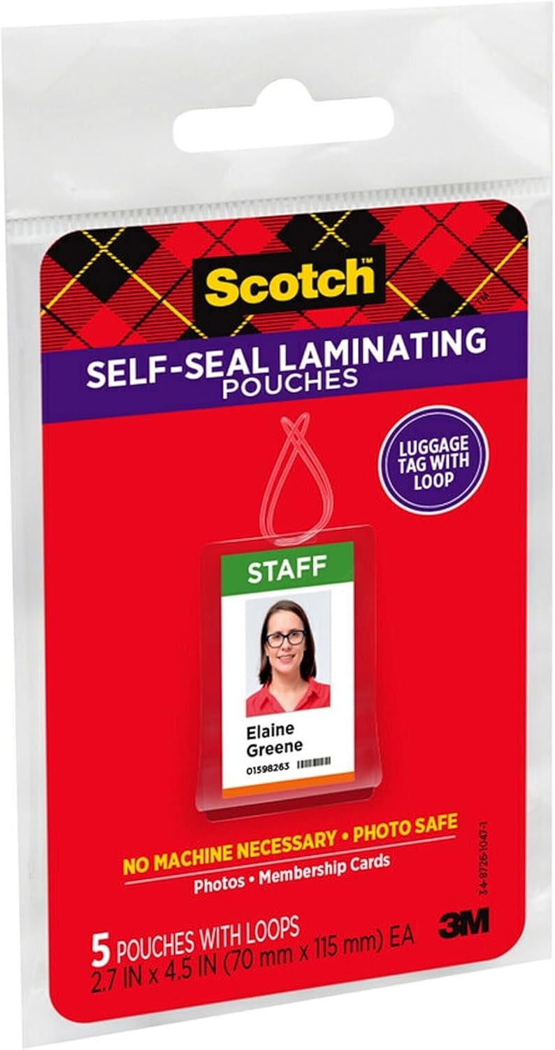 3M Scotch Self-Sealing Laminating Pouches, Bag Tags with Loops, Glossy, 5 Pouches (LS853-5G) - Image 3