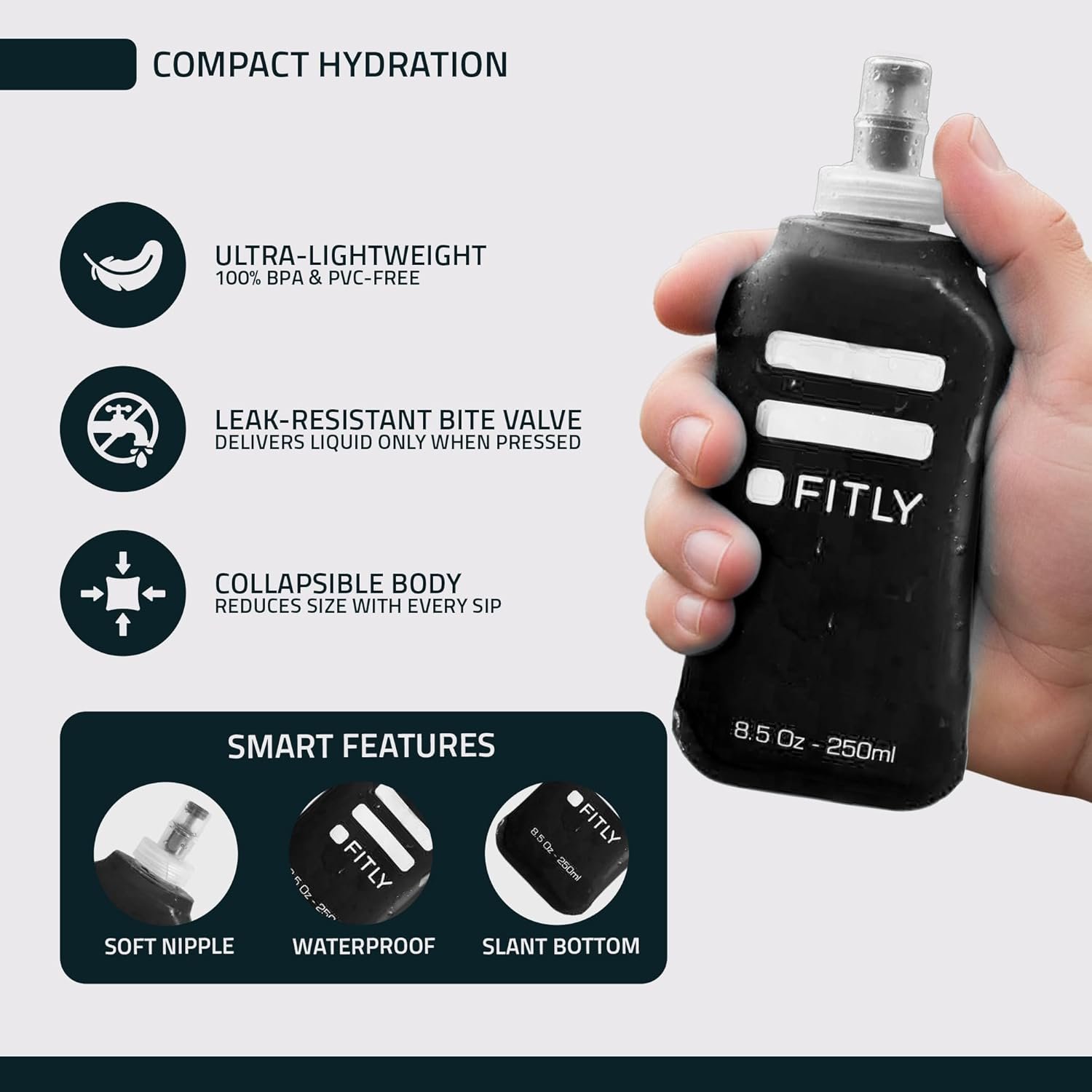 FITLY Soft Flask - Shrink As You Drink Soft Water Bottle for Hydration Pack - Folding Water Bottle Ideal for Running, Hiking, Cycling, Climbing & Rigorous Activity - Image 4