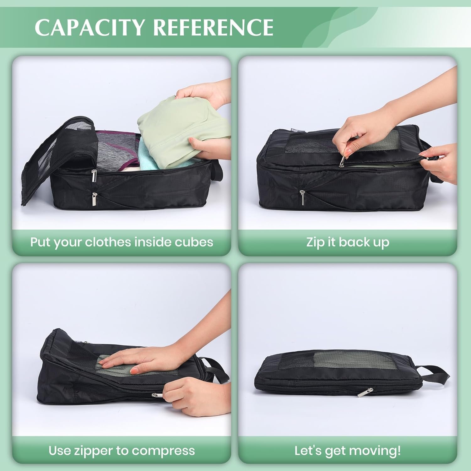 Carry on Compression Packing Cubes Travel for Suitcases ,Compressible Mesh Packing Cubes for Travel Women Packing Organizers 5 Set Ultralight (Black) - Image 7