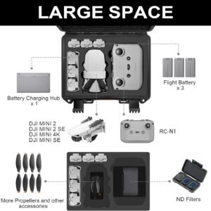 Drone Case for DJI Mini 4K: Waterproof Hard Travel Cases with Custom Foam for DJI Mini 2 /2 SE Fly Combo, Large Carrying Box for Drone, Batteries, Charger, Cable, Propeller & Accessories (Case Only)