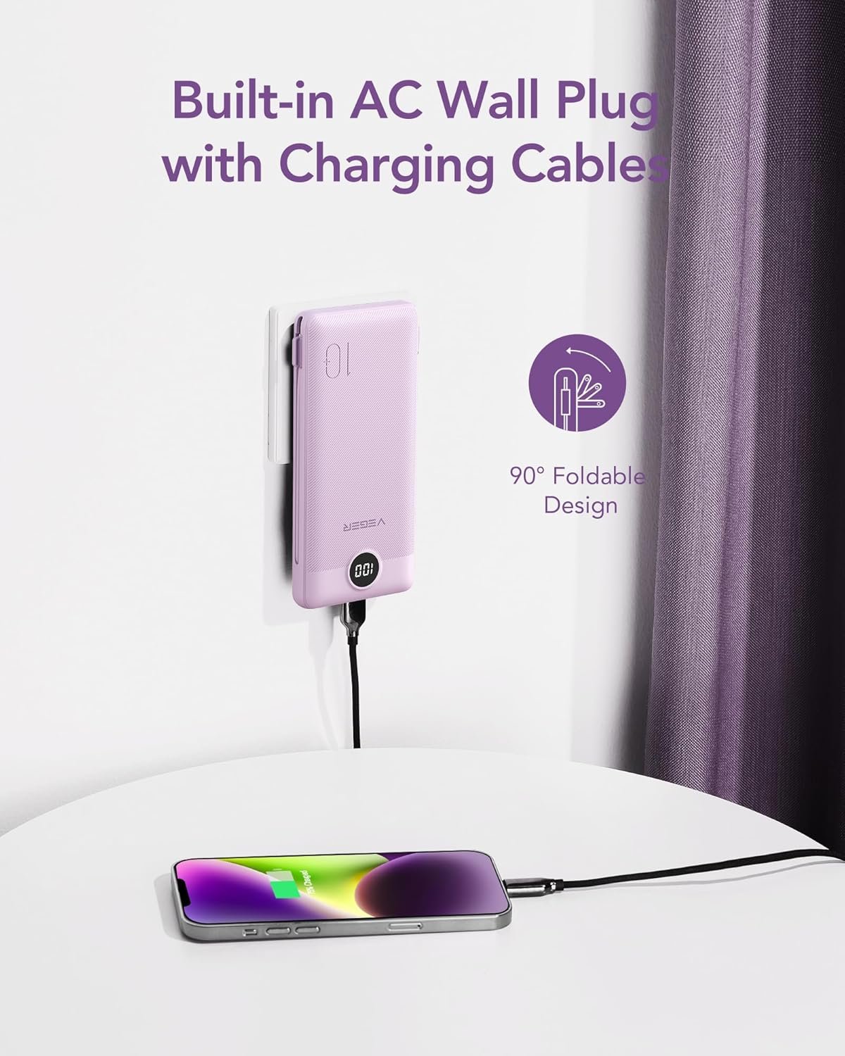 VEGER Portable Charger with Built-in AC Plug and Cables, All in One 10000mAh Ultra Slim Power Bank Travel Essentials, 15W Fast Charging Battery Pack Compatible with iPhone, Samsung, Android (Purple) - Image 3