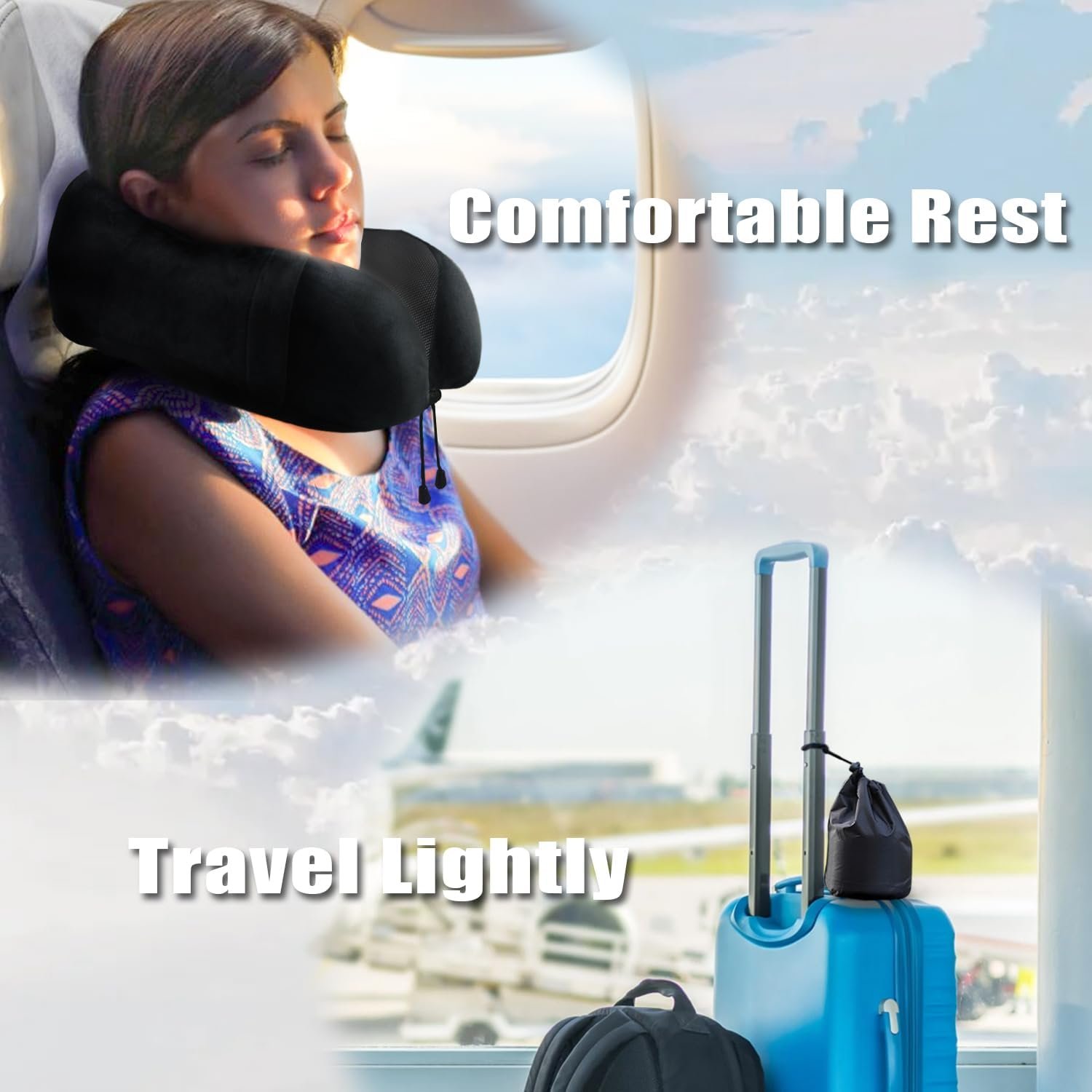 Travel Pillow, Memory Foam Neck Pillow for Traveling, U Shape Neck Pillow Airplane Portable Flight Pillow Travel Kit with 3D Contoured Eye Masks and Earplug for Plane Train Car Home Office - Black - Image 7