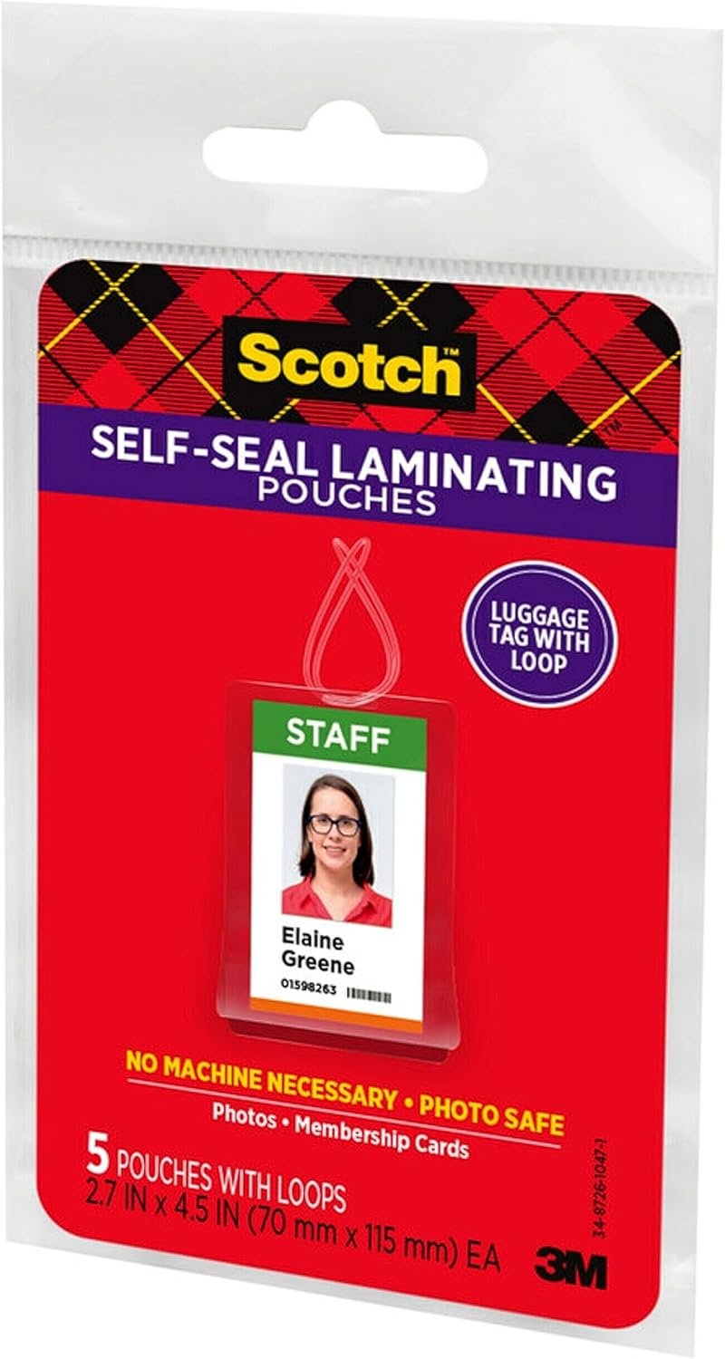 3M Scotch Self-Sealing Laminating Pouches, Bag Tags with Loops, Glossy, 5 Pouches (LS853-5G) - Image 2