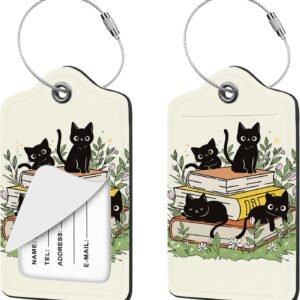 2 Pcs Luggage Tag for Suitcases, Black Cat Book Cute PU Leather Suitcase Tag Privacy Cover ID Label with Metal Loop, Personalized Baggage Identifier for Women Cruise Bag Travel Essentials