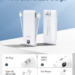 VEGER Portable Charger with Built-in AC Plug and Cables, All in One 10000mAh Ultra Slim Power Bank Travel Essentials, 15W Fast Charging Battery Pack Compatible with iPhone, Samsung, Android (White)