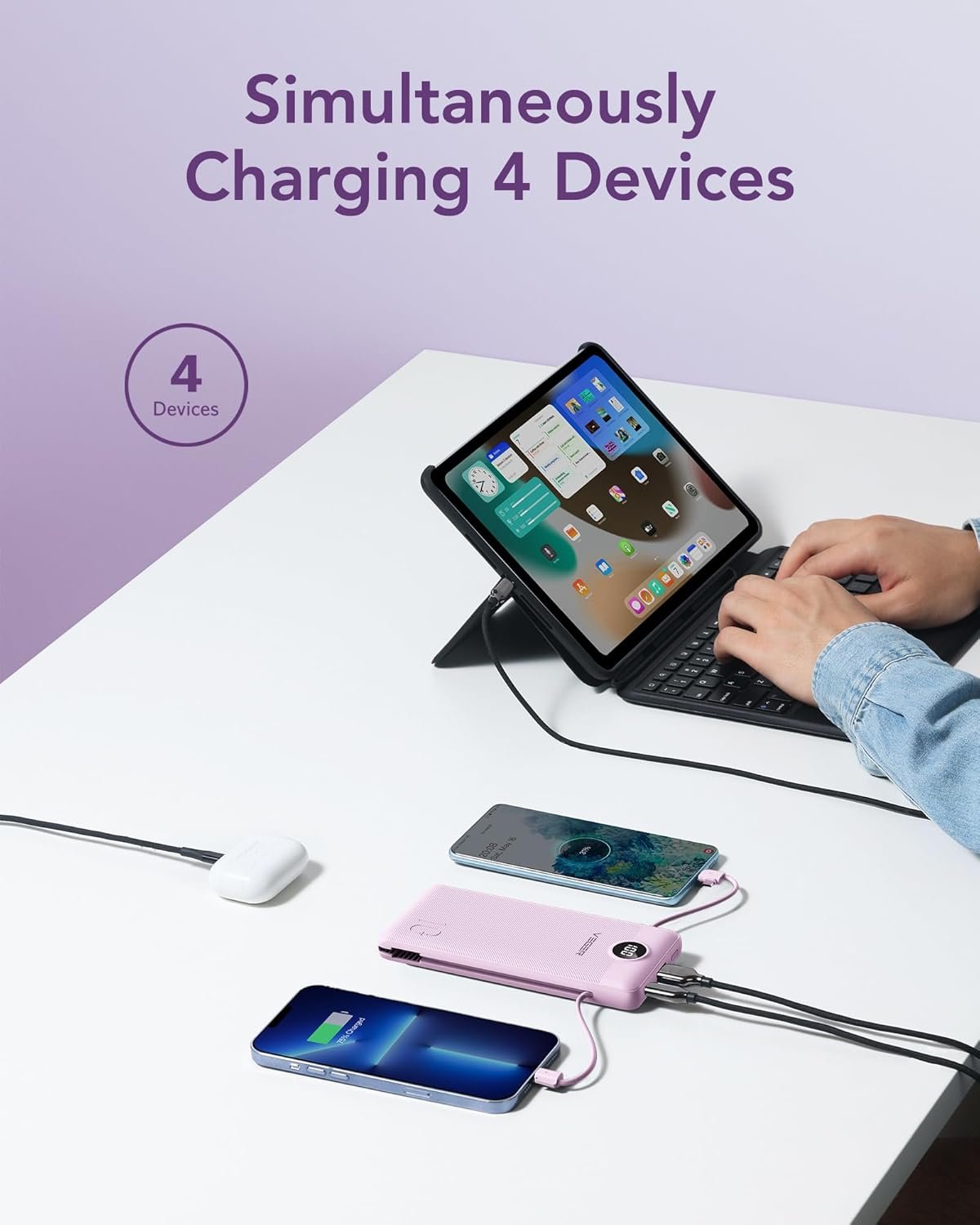 VEGER Portable Charger with Built-in AC Plug and Cables, All in One 10000mAh Ultra Slim Power Bank Travel Essentials, 15W Fast Charging Battery Pack Compatible with iPhone, Samsung, Android (Purple) - Image 4