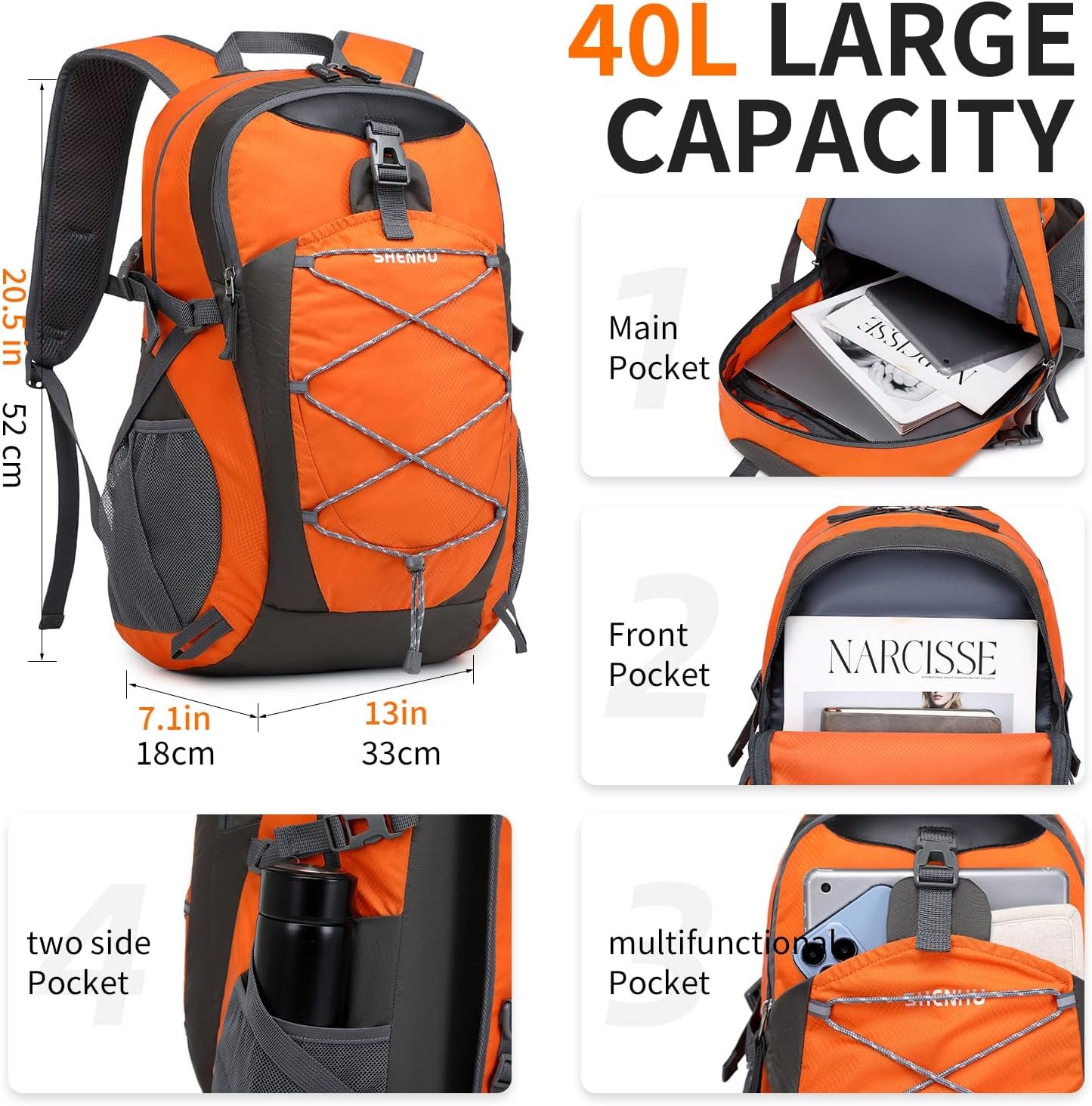 40L Hiking Backpack Lightweight Daypack Waterproof Travel Camping Backpack for Men Women Sport Packable - Image 2