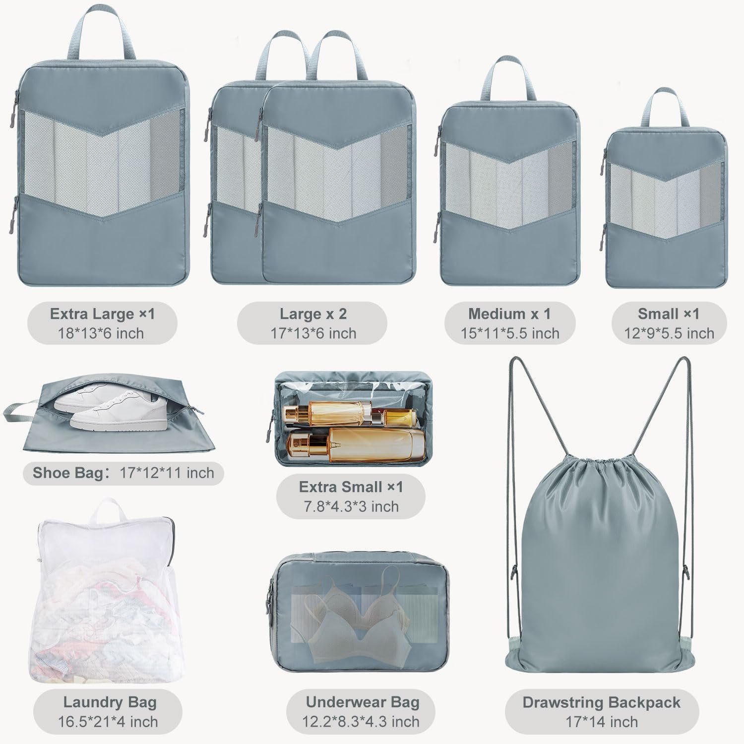 10 Set Compression Packing Cubes, Suitcase Organizer Bags Set for Travel Accessories, Lightweight Travel Essentials, Grey - Image 3