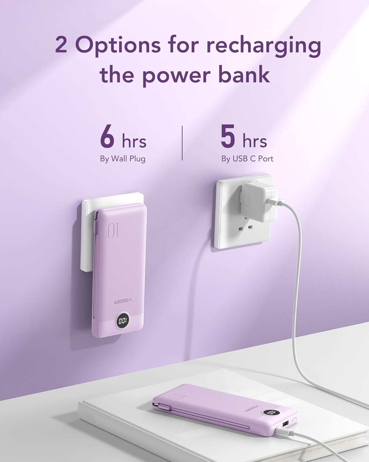 VEGER Portable Charger with Built-in AC Plug and Cables, All in One 10000mAh Ultra Slim Power Bank Travel Essentials, 15W Fast Charging Battery Pack Compatible with iPhone, Samsung, Android (Purple) - Image 5