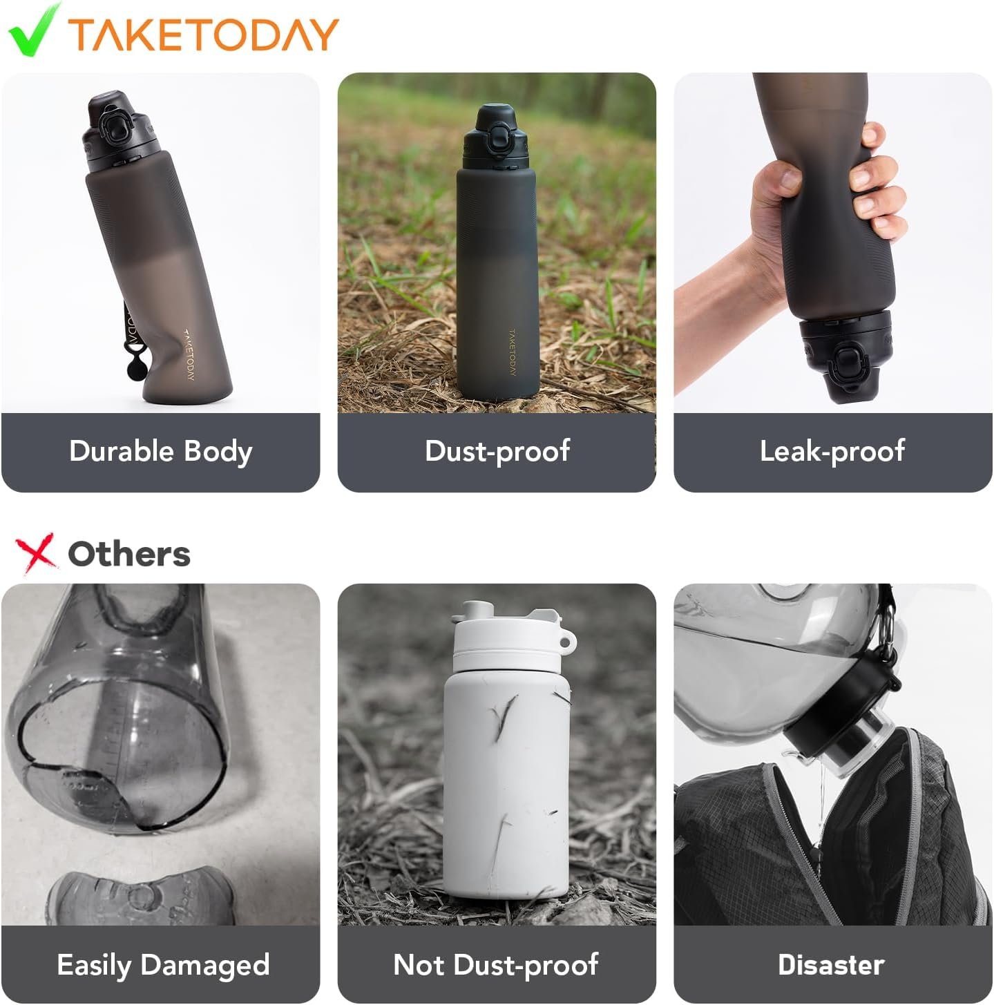 TakeToday Collapsible Water Bottles 32oz, Foldable Travel Water Bottle, BPA Free, Silicone Water Bottle Leakproof for Hiking, International Travel, Outdoors - Image 2