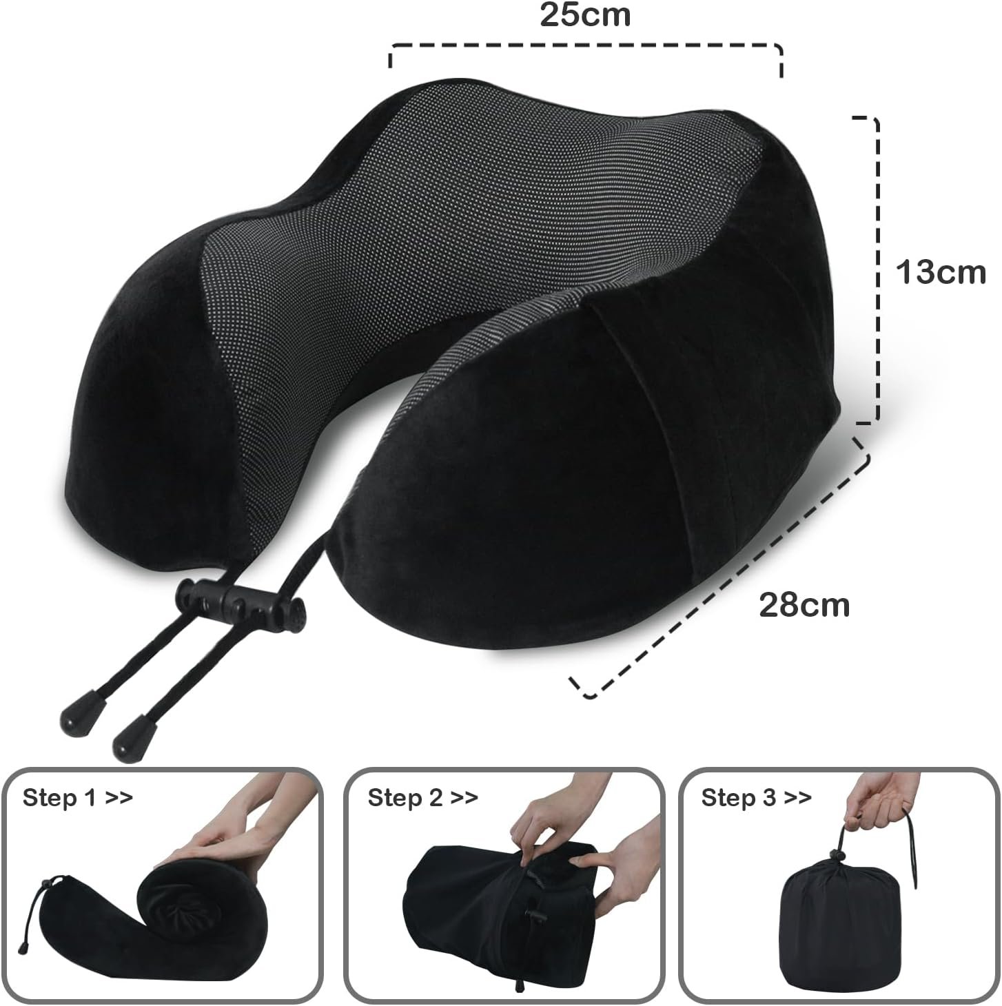 Travel Pillow, Memory Foam Neck Pillow for Traveling, U Shape Neck Pillow Airplane Portable Flight Pillow Travel Kit with 3D Contoured Eye Masks and Earplug for Plane Train Car Home Office - Black - Image 5