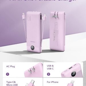 VEGER Portable Charger with Built-in AC Plug and Cables, All in One 10000mAh Ultra Slim Power Bank Travel Essentials, 15W Fast Charging Battery Pack Compatible with iPhone, Samsung, Android (Purple)