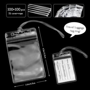 100 Pieces Clear Plastic ID Card, Luggage Bag and Badge Label Holders with 100 Pack Luggage Tag Loop Straps for Office, Business and Travel Supplies