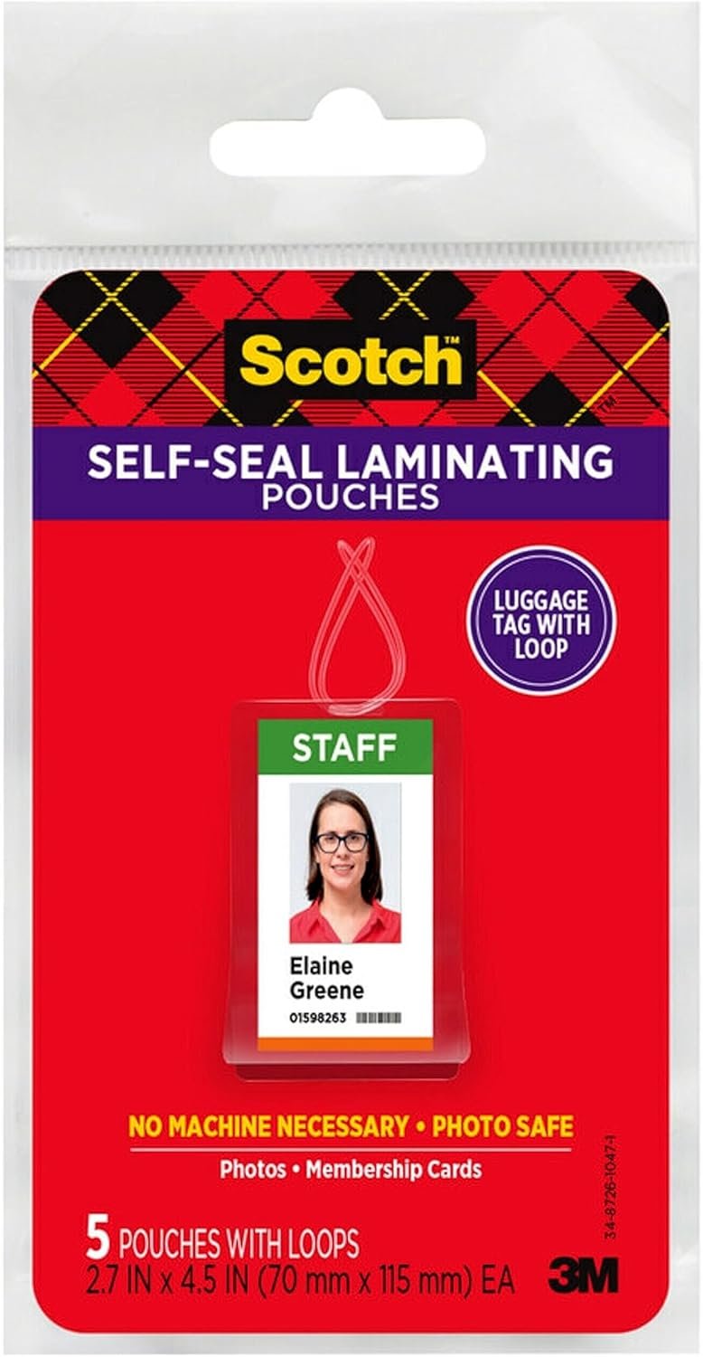 3M Scotch Self-Sealing Laminating Pouches, Bag Tags with Loops, Glossy, 5 Pouches (LS853-5G)