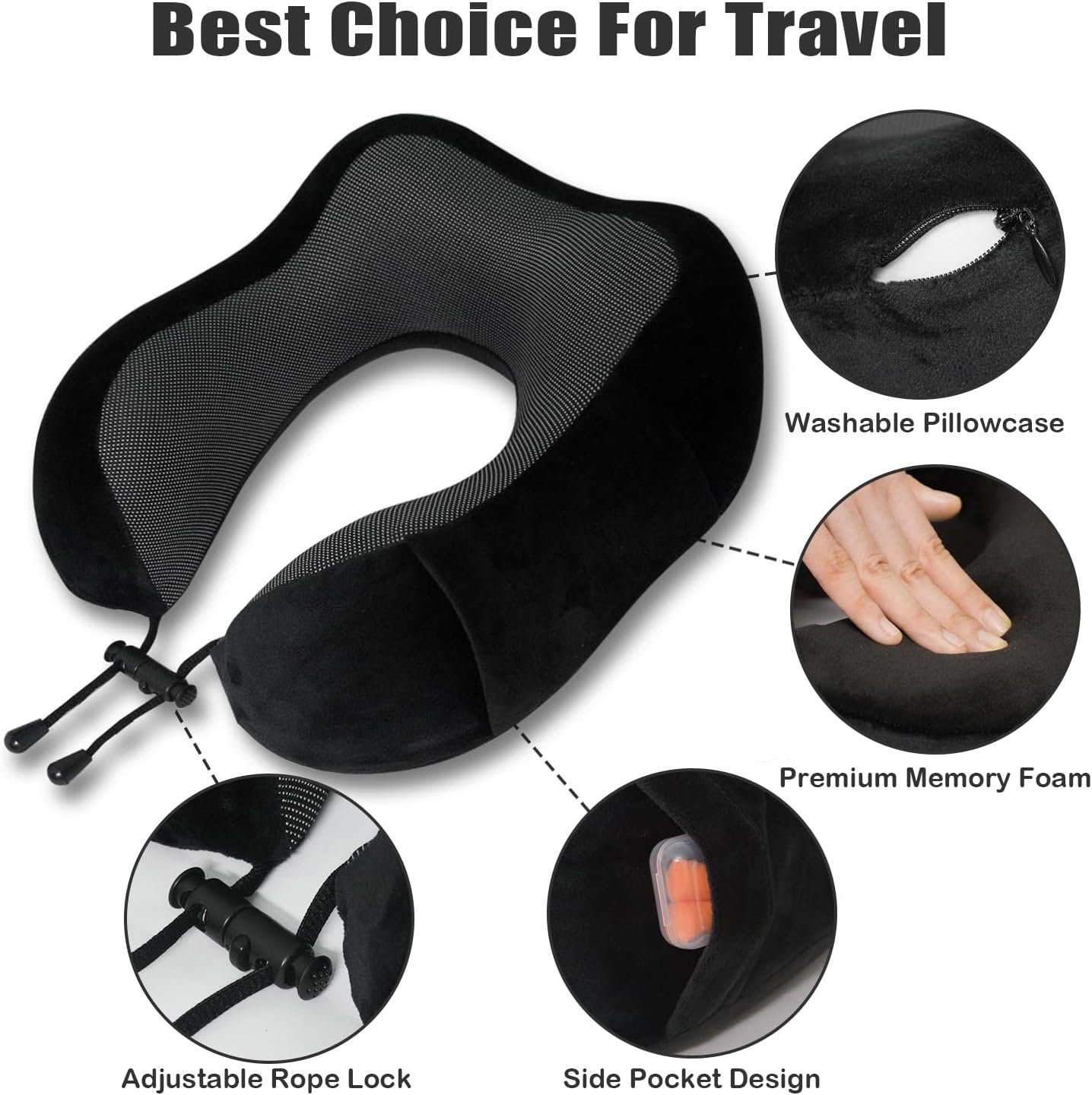 Travel Pillow, Memory Foam Neck Pillow for Traveling, U Shape Neck Pillow Airplane Portable Flight Pillow Travel Kit with 3D Contoured Eye Masks and Earplug for Plane Train Car Home Office - Black - Image 3