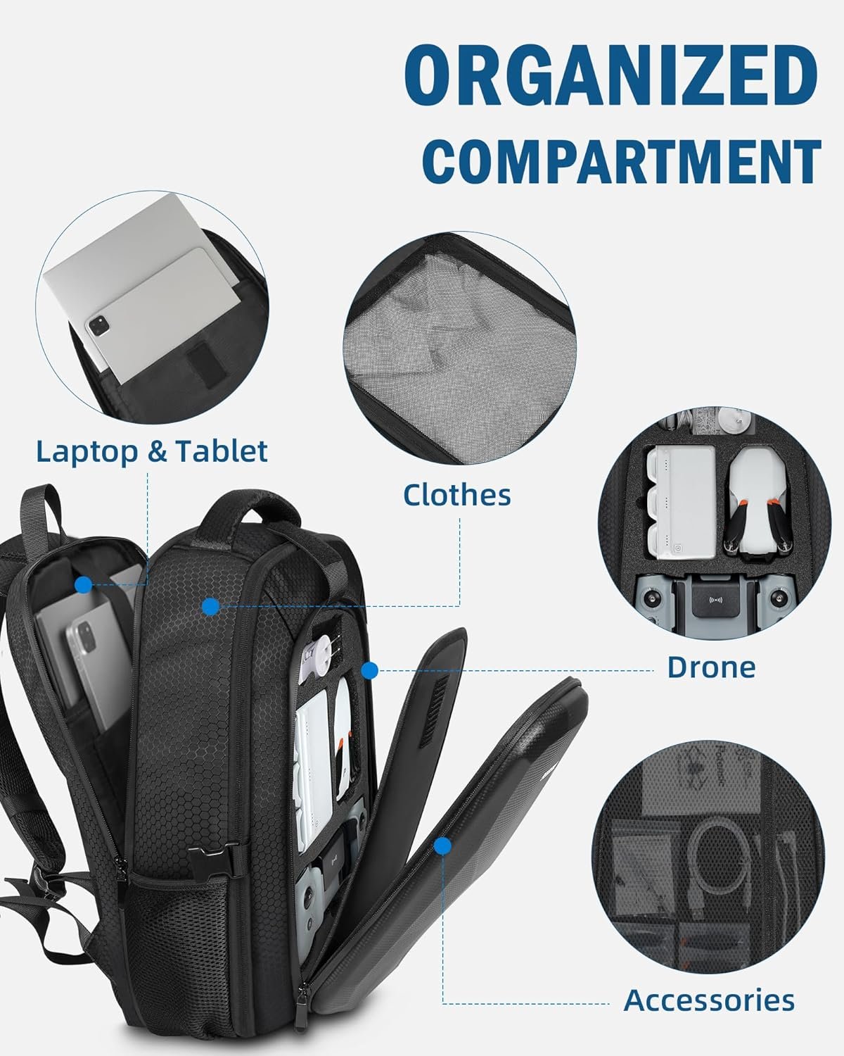 Atom 2 Case, Large Capacity Backpack for Potensic Atom 2/SE/3-Axis/LT, Expandable Travel Drone Bag Fits 15.6 Inch Laptop and Fly More Combo (Not Compatible with RC PTD 1 Remote Controller) - Image 4