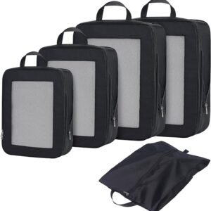 Carry on Compression Packing Cubes Travel for Suitcases ，Compressible Mesh Packing Cubes for Travel Women Packing Organizers 5 Set Ultralight (Black)