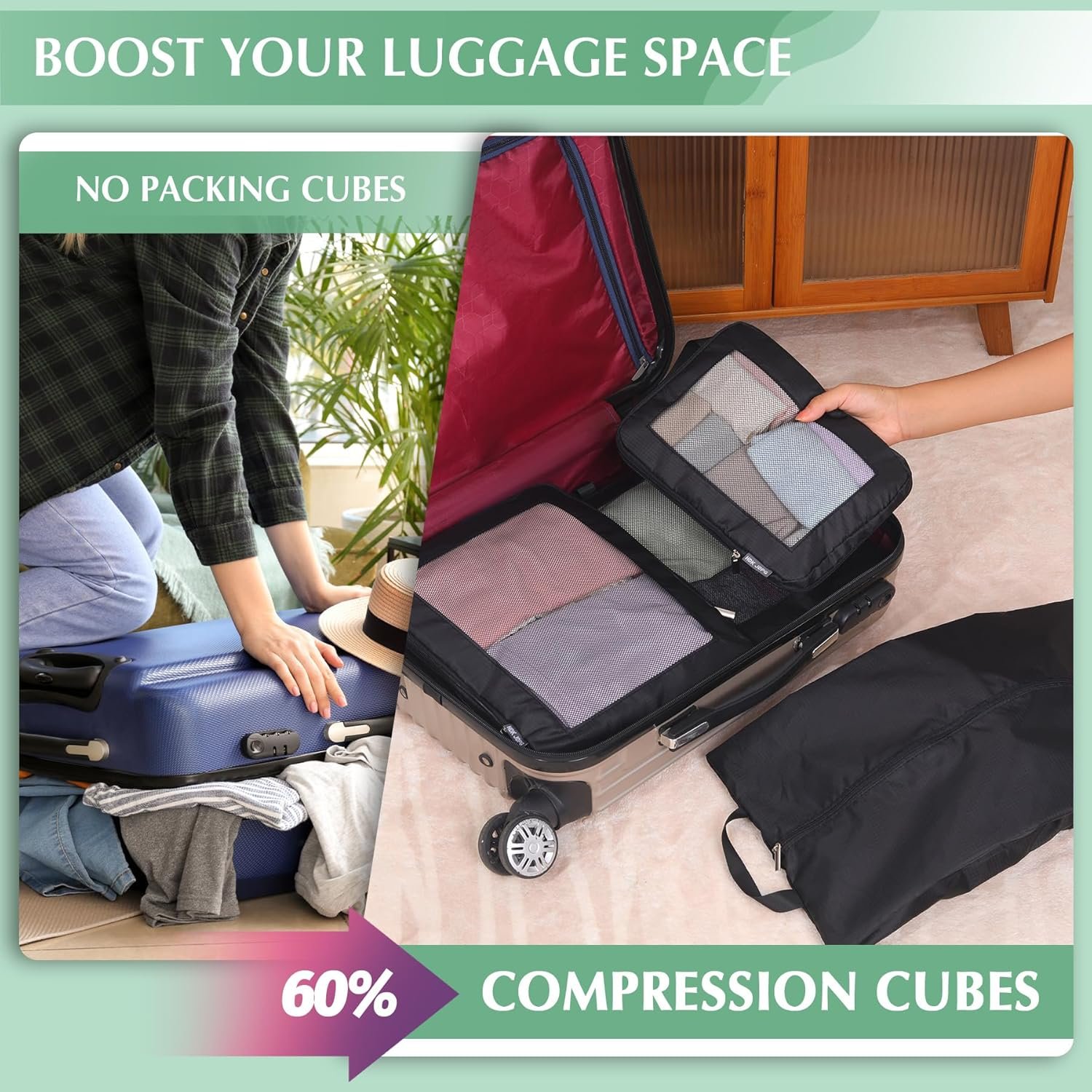 Carry on Compression Packing Cubes Travel for Suitcases ,Compressible Mesh Packing Cubes for Travel Women Packing Organizers 5 Set Ultralight (Black) - Image 3