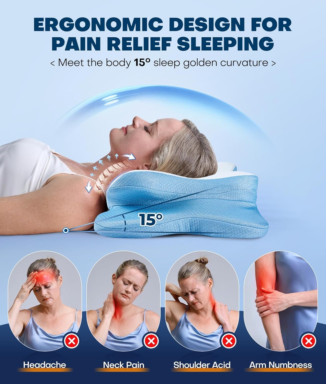 5X Pain Relief Cervical Neck Pillow for Neck Support, Ergonomic Cooling Side Sleeper Pillow for Sleeping, Odorless Contour Memory Foam Pillows, Bed Pillow for Side Back Stomach Sleeper - Image 3