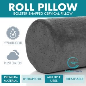 AllSett Health Round Cervical Roll Cylinder Bolster Pillow with Removable Washable Cover, Ergonomically Designed for Head, Neck, Back, and Legs, Grey | 13″ X 5″