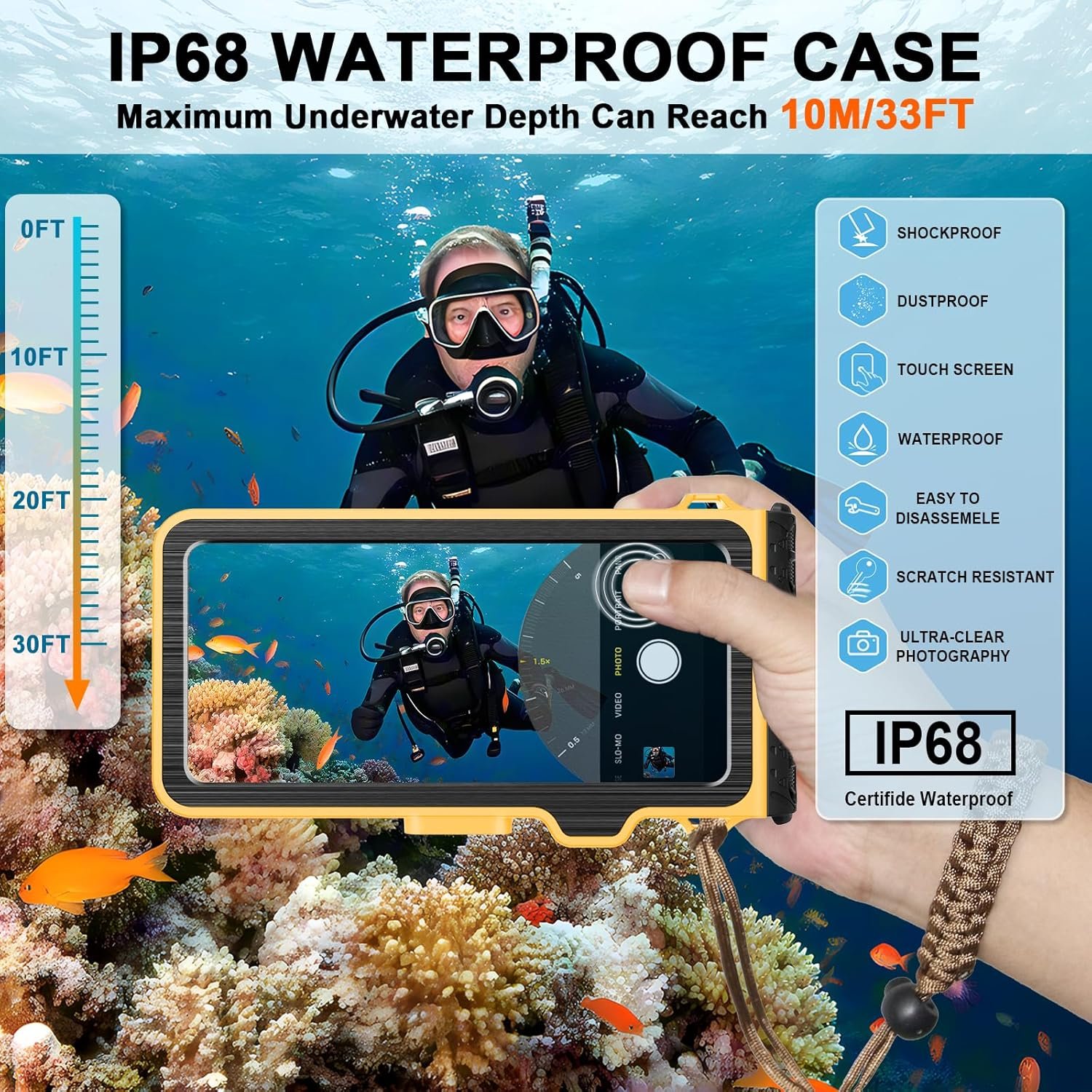 2026 Diving Snorkeling Phone Case for iPhone 17/16/15/14/13/12/11 Pro Max/XS/X Samsung Galaxy S25/S24/S23 Professional Scuba Dive Waterproof Underwater Photo Video Cover (4TH Gen, Yellow) - Image 2