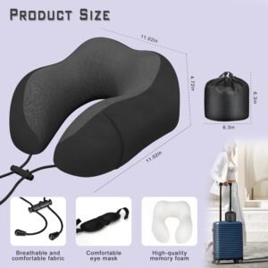 Neck Travel Pillow, Upgraded Memory Foam Pillow for Airplane, Machine Washable, Adjustable Flight Pillow, Suitable for Sleeping Airplane, Car, Office and Home (Black)