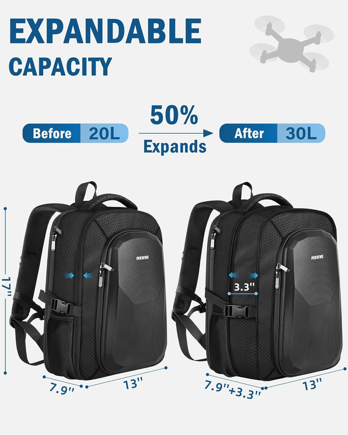 Atom 2 Case, Large Capacity Backpack for Potensic Atom 2/SE/3-Axis/LT, Expandable Travel Drone Bag Fits 15.6 Inch Laptop and Fly More Combo (Not Compatible with RC PTD 1 Remote Controller) - Image 6
