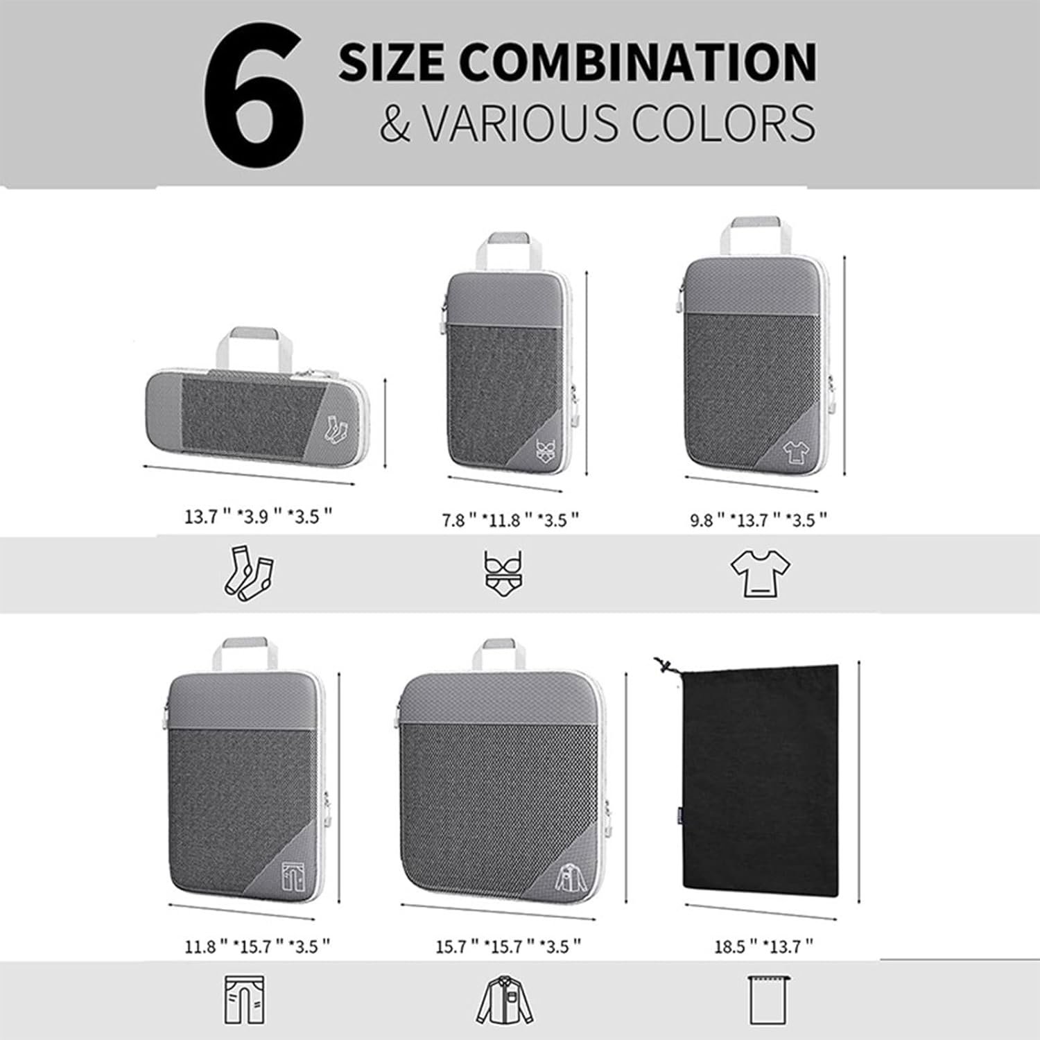 3/6PCS Compressed Packing Cubes Travel Storage Set With Shoe Bag Mesh Visual Luggage Portable Lightweight - Image 3