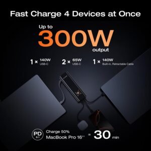 EF ECOFLOW Rapid Pro Power Bank (27650mAh, 300W Max Output, 140W Built-in Cable), 4-Port Portable Charger, TSA-Approved, Up to 320W Recharge, Compatible with MacBook, iPhone 17/16/15, Galaxy, Laptop