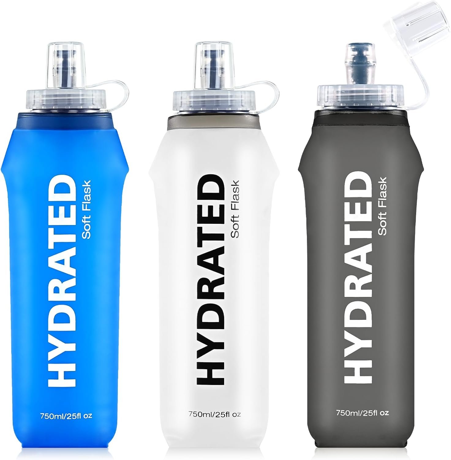 3 Pack Soft Water Bottle, 25oz/750ml Flask Running Bottles for Hydration Packs, TPU Collapsible Reusable Handheld Flasks for Hiking Cycling Climbing