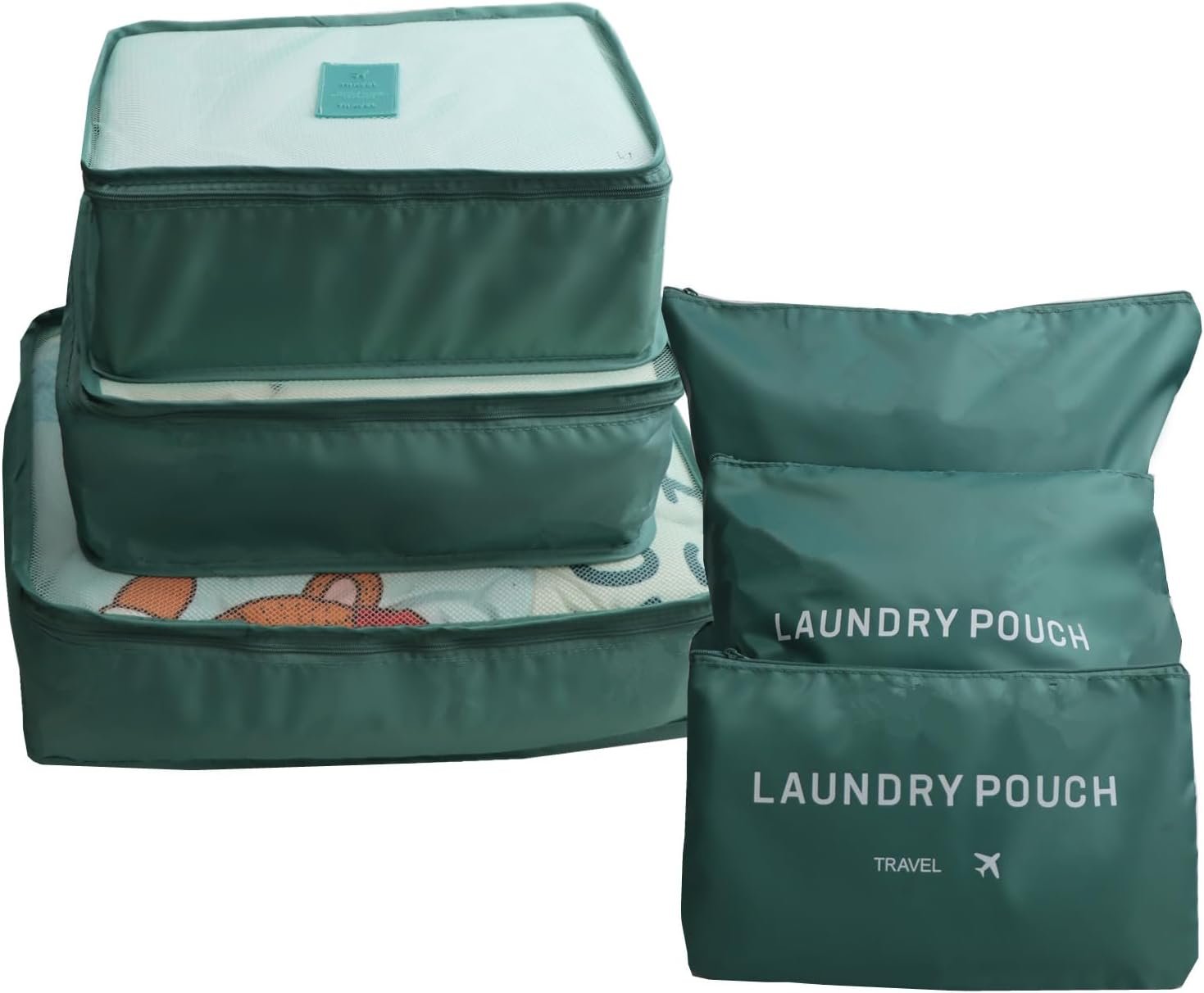 6 Pack Packing Cubes for Suitcases - Compression Luggage Packing Organizers with Laundry Pouch - Travel Storage Bags for Travel Accessories, Clothes, Cosmetics, Toiletries - Dark Green