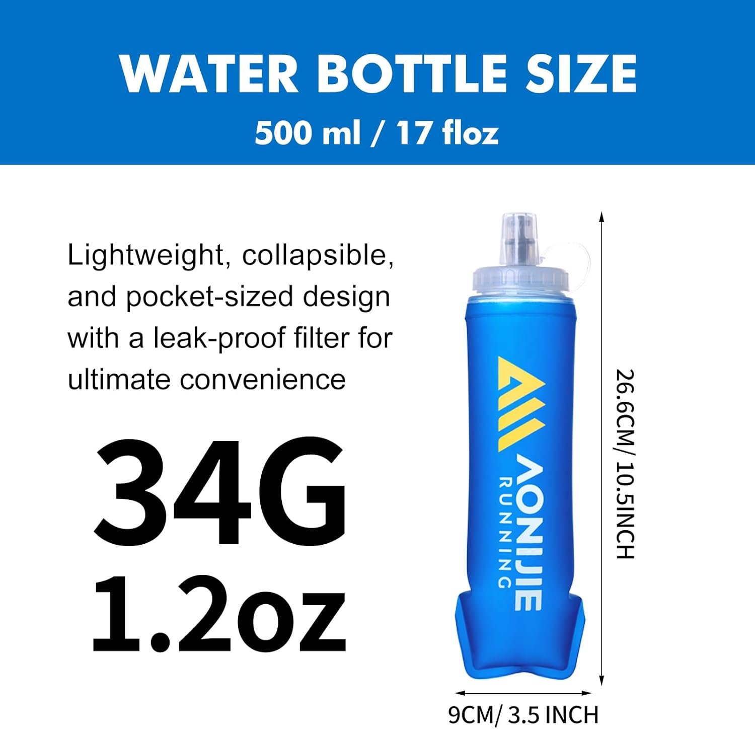 AONIJIE 500ml/2Pcs Soft Flask Collapsible Water Bottle for Running, Wide Mouth for Ice, BPA-Free Flexible Running Water Bottle Fits Hydration Vests, Foldable & Lightweight - Image 3