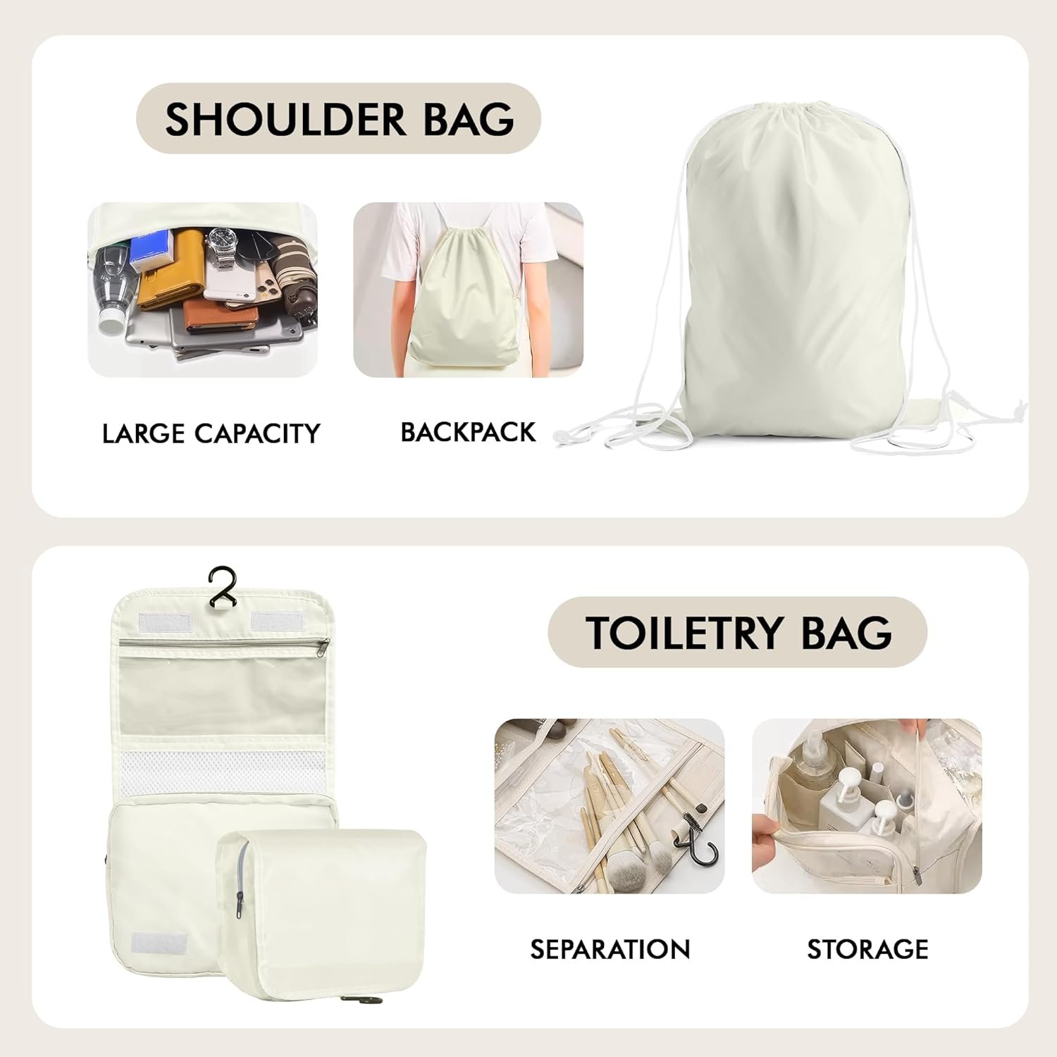 WVM Packing Cubes for Travel, 8-Piece Luggage Organizer Set with Shoe Bag, Toiletry Bag & Laundry Bag, Beige - Image 5