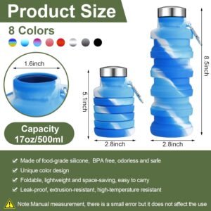 8 Pcs Collapsible Water Bottles 17oz Silicone Reusable Foldable Water Bottles with Carabiner Lightweight BPA Free Expandable Leakproof for Gym, Travel Camping, Hiking Outdoor Indoor Sport
