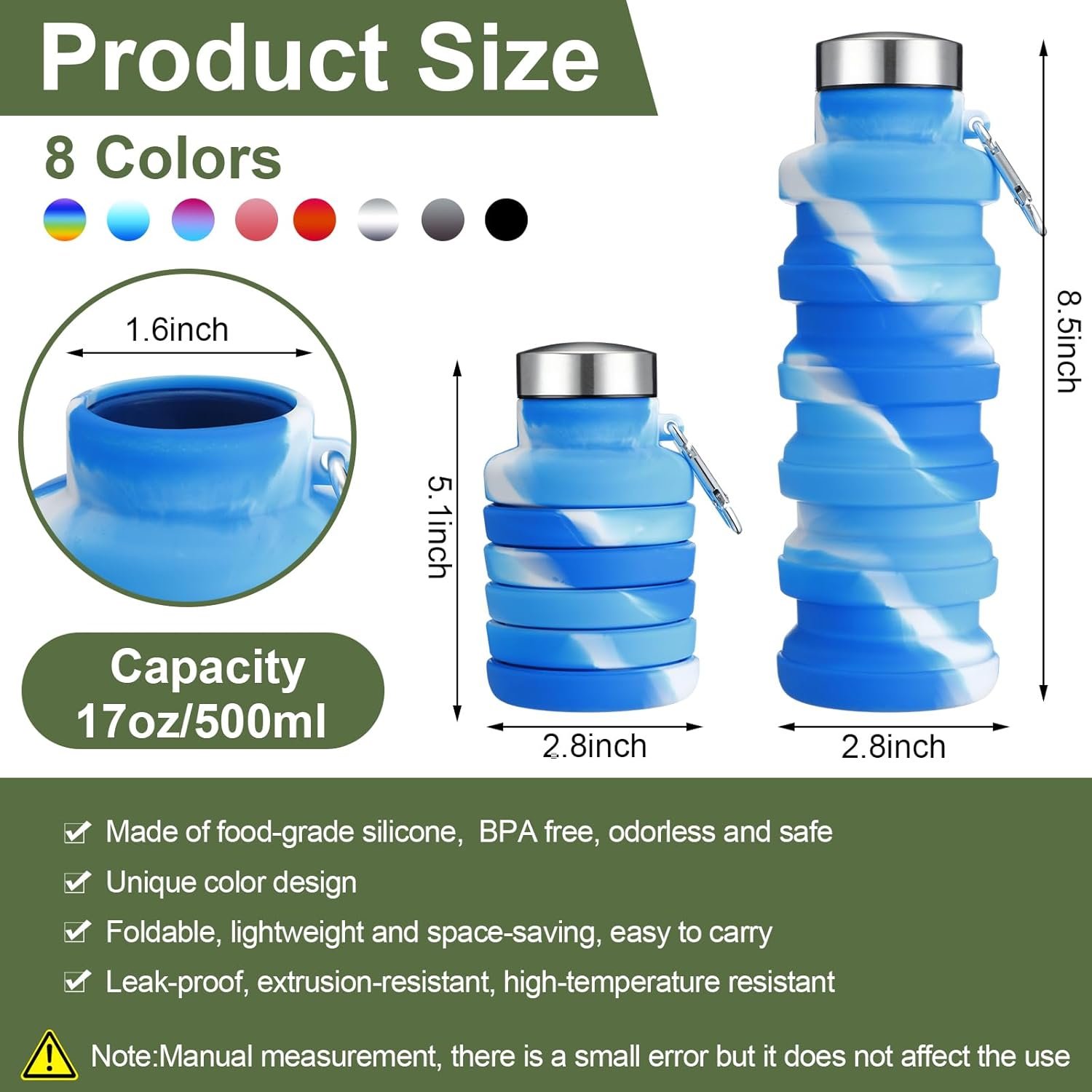 8 Pcs Collapsible Water Bottles 17oz Silicone Reusable Foldable Water Bottles with Carabiner Lightweight BPA Free Expandable Leakproof for Gym, Travel Camping, Hiking Outdoor Indoor Sport - Image 2