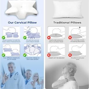 Cervical Pillow for Neck Pain Relief, Cooling Contour Memory Foam Pillows Support Odorless Ergonomic Neck Pillow Adjustable Orthopedic Bed Pillow for Side Back Stomach Sleeper with Pillowcase,KKA