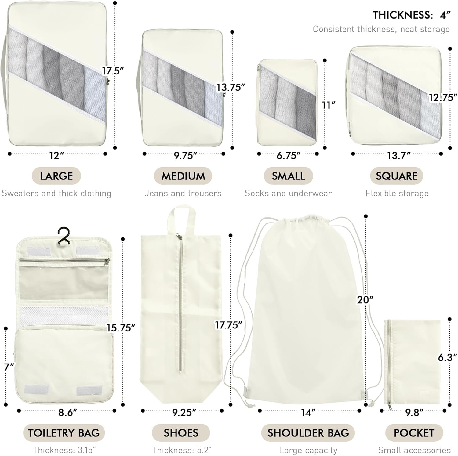 WVM Packing Cubes for Travel, 8-Piece Luggage Organizer Set with Shoe Bag, Toiletry Bag & Laundry Bag, Beige - Image 3
