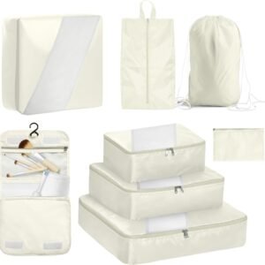 WVM Packing Cubes for Travel, 8-Piece Luggage Organizer Set with Shoe Bag, Toiletry Bag & Laundry Bag, Beige