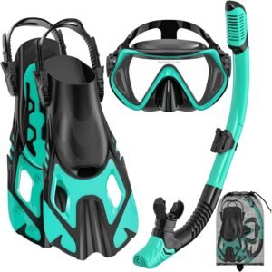 Snorkeling Gear for Adults, Mask Fin Snorkel Set, Dry Top Snorkel, Snorkeling Kit Travel Diving Package, Panoramic View Anti-Fog Anti-Leak Adjustable Swim Fins