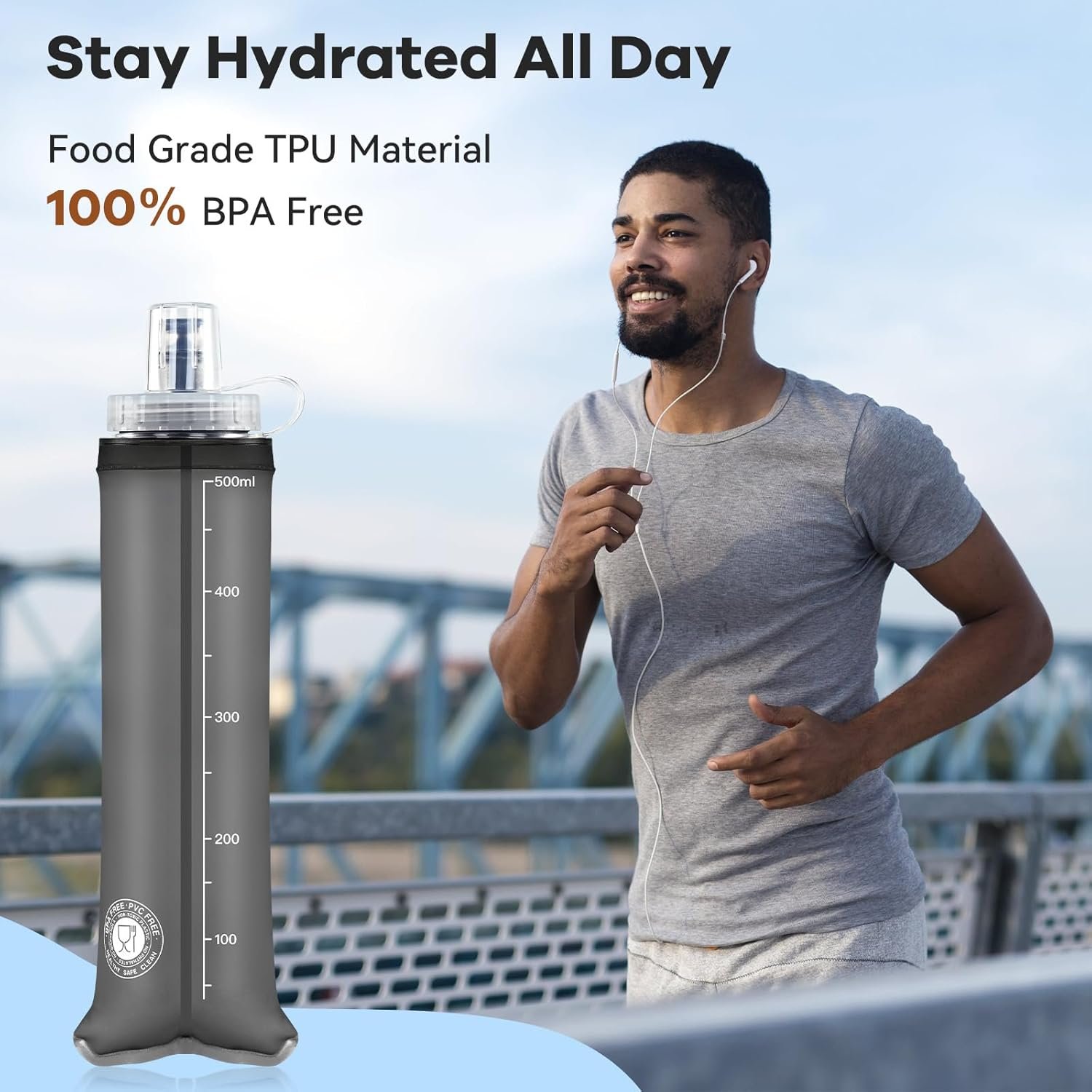 500ml Soft Flask 2Pack, TPU Collapsible Soft Water Bottle, 17oz Foldable TPU Bottles for Hydration Pack BPA-Free, Running Lightweight Water Bottle for Hiking Cycling Climbing Running - Image 6