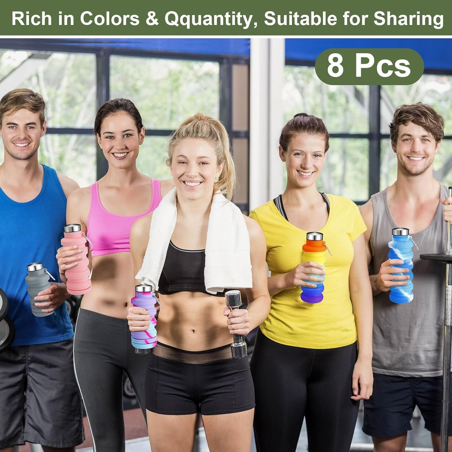 8 Pcs Collapsible Water Bottles 17oz Silicone Reusable Foldable Water Bottles with Carabiner Lightweight BPA Free Expandable Leakproof for Gym, Travel Camping, Hiking Outdoor Indoor Sport - Image 7