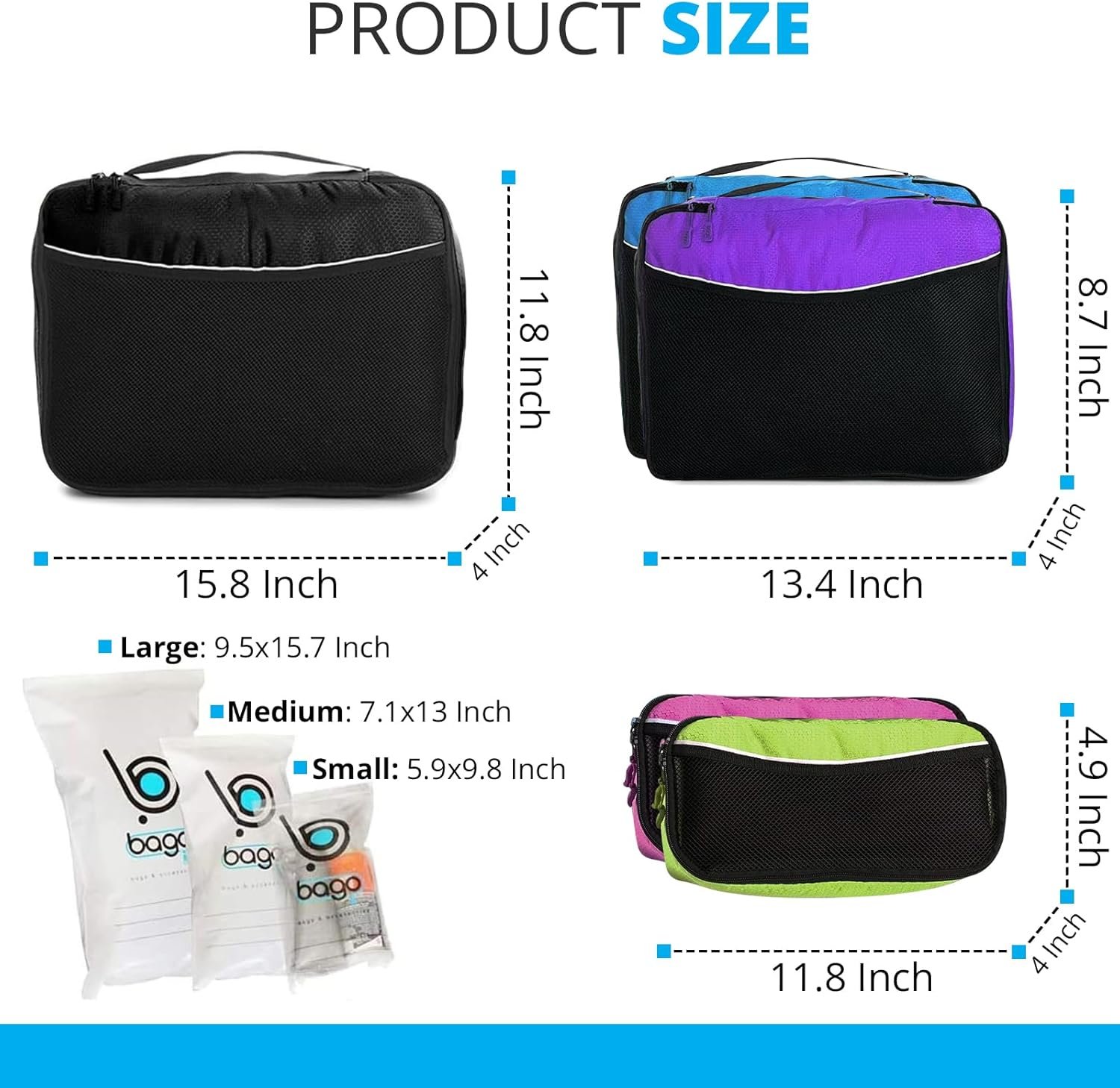 bago 8 Pcs Packing Cubes for Travel - 5 Travel Packing Cubes for Suitcases with 3 ZipLock Bags, Luggage Organizer Bags to Get Maximum Storage, Save Time & Effort to Pack (Black Blue Purple Green Pink) - Image 2