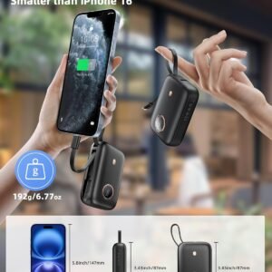 Power Bank Fast Charging, Small 22.5W 10000mAh USBC Portable Charger with Built-in USB-C Cable, Mini Battery Pack Essentials, 2 USB C and 1 A, for iPhone 17/16/15 Series, Samsung, Google,Android