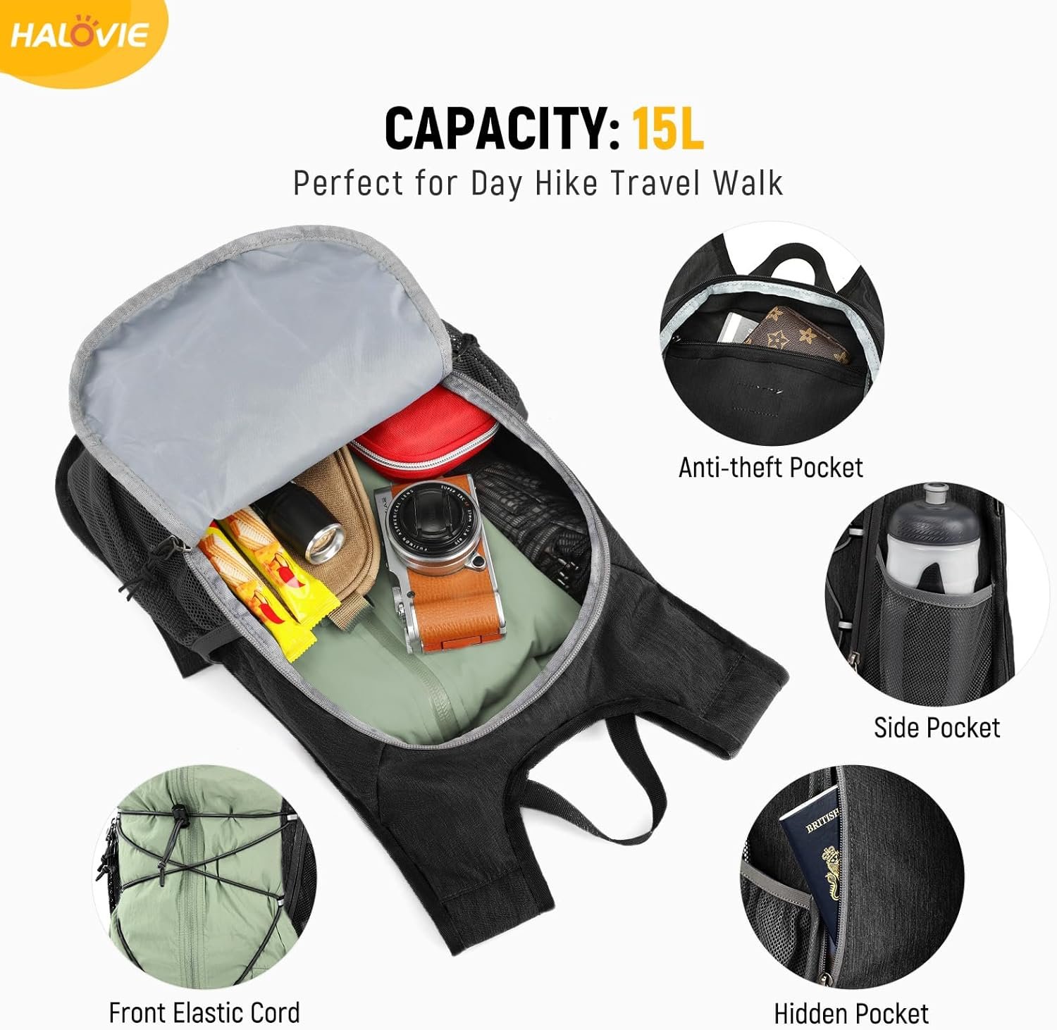 HALOVIE 15L Foldable Hiking Backpack Phone Pocket Lightweight Travel Daypack Shoulder with Chest Strap Small Packable Pack for Walking Women Men (Black) - Image 3